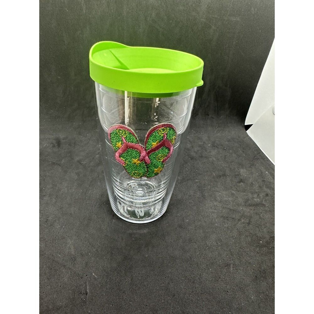 Tervis Tumbler Hot or Cold Green floral Flip Flops With lid 16 Oz NWOT